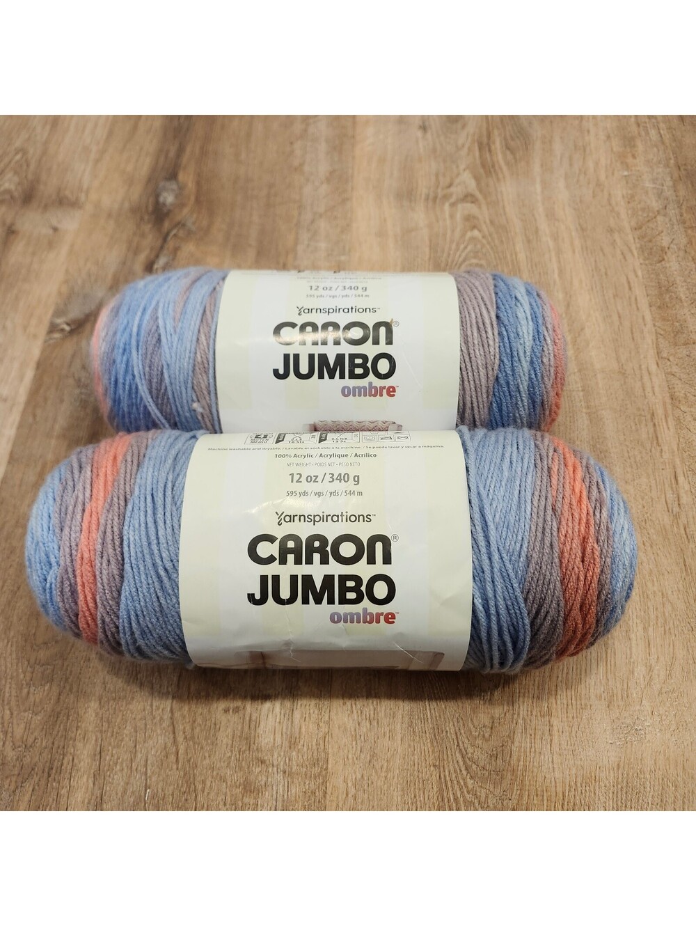 Caron Jumbo Ombre Acrylic Yarn Lot of 2 Blush and Blue 12 oz Skeins